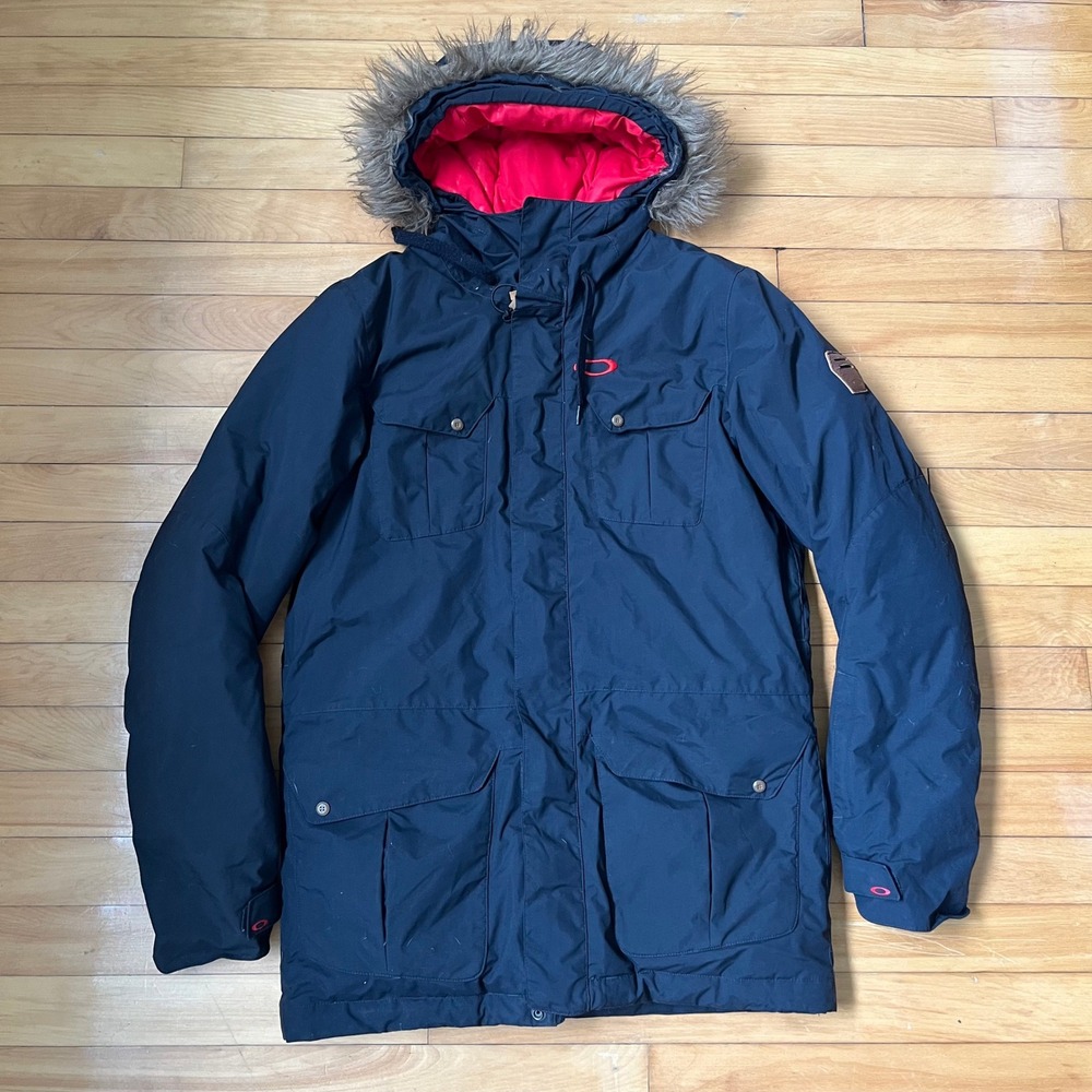 Oakley Mens Winter Parka Jacket Black Red Faux Fur Hood Padded Snowboard Medium